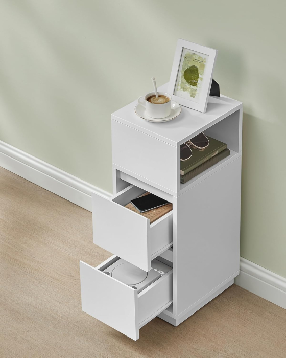 Set 2 noptiere inguste cu 2 sertare si compartiment deschis reversibil, PAL si MDF, 30x25x65 cm, alb [8]