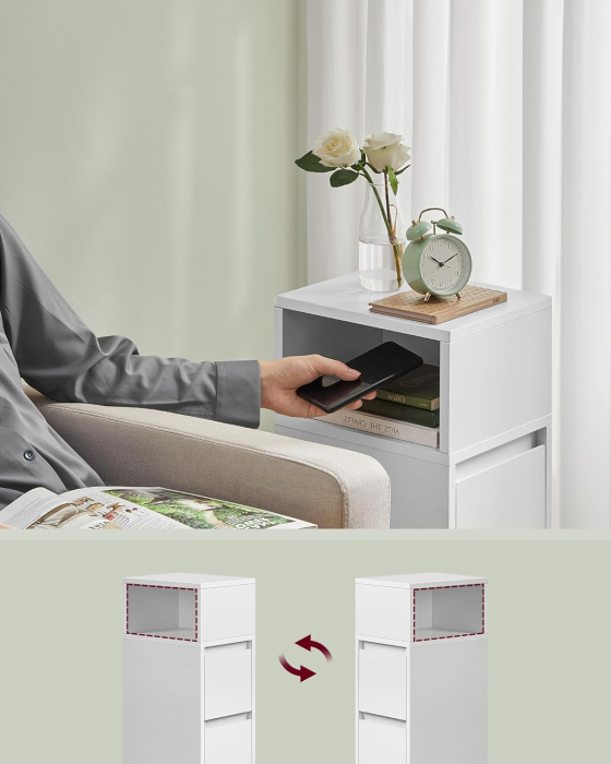 Set 2 noptiere inguste cu 2 sertare si compartiment deschis reversibil, PAL si MDF, 30x25x65 cm, alb [5]