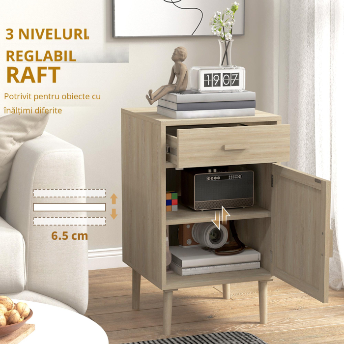  Set 2 Noptiere pentru Dormitor cu Sertar si Usa din Ratan, Stil Boho, Culoare Lemn [6]