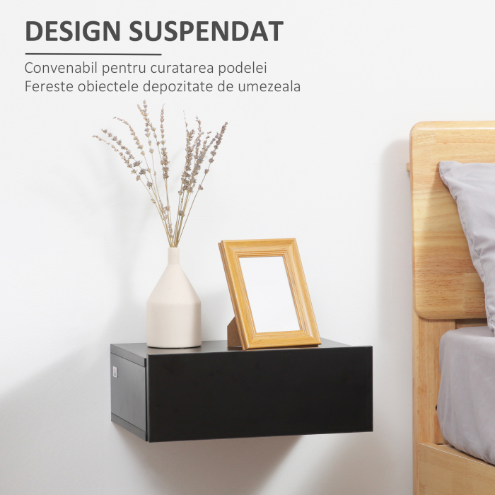  Set 2 Noptiere Suspendate Moderne din Lemn pentru Dormitor, 40x30x15cm, Negru [4]