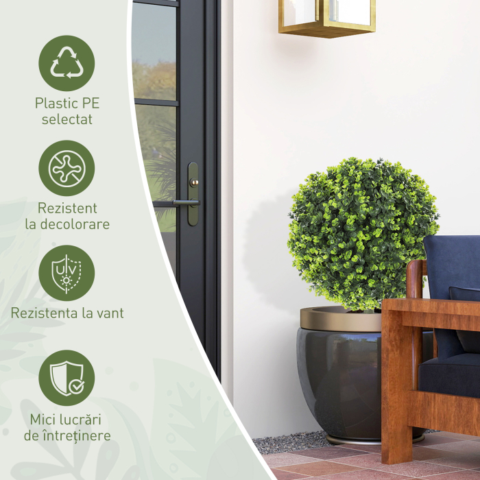  Set 2 Plante Artificiale de Buxus de 40 cm cu Tija Integrata pentru Interior si Exterior, Verde [7]