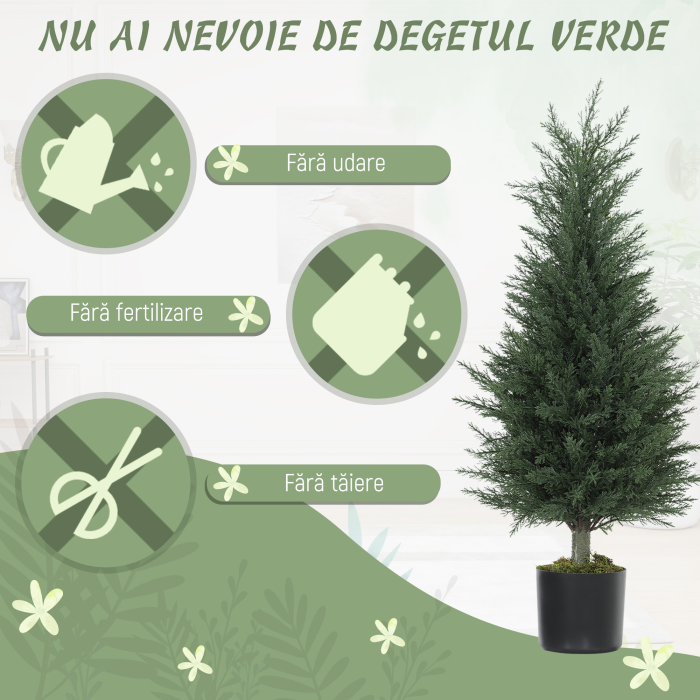  Set 2 Plante Artificiale de Chiparos cu 362 Frunze si Ghiveci cu Ciment si Muschi, Plante Rezistente la UV, Ø40x90 cm, Verde [5]