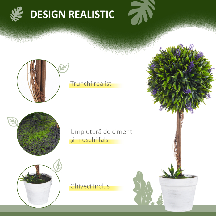  Set 2 Plante Artificiale Sferice cu Flori de Lavanda şi Vas, Ø24x60 cm, Verde [4]