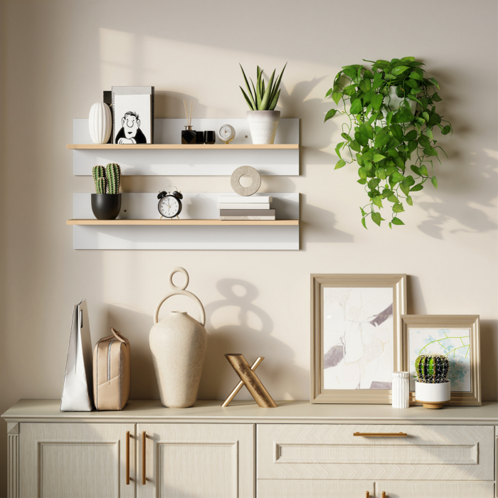  Set 2 Rafturi de Perete pentru Casa si Birou, Rafturi din Lemn pentru Bucatarie si Living, 80x16.5x20 cm, Alb si Lemn Natural [7]