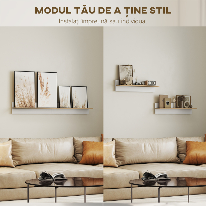  Set 2 Rafturi de Perete pentru Casa si Birou, Rafturi din Lemn pentru Bucatarie si Living, 80x16.5x20 cm, Alb si Lemn Natural [4]