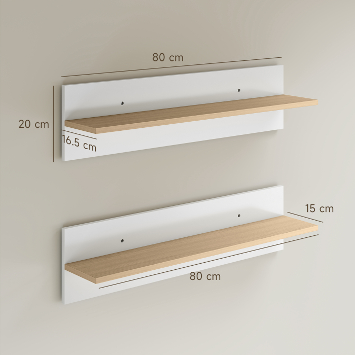  Set 2 Rafturi de Perete pentru Casa si Birou, Rafturi din Lemn pentru Bucatarie si Living, 80x16.5x20 cm, Alb si Lemn Natural [3]