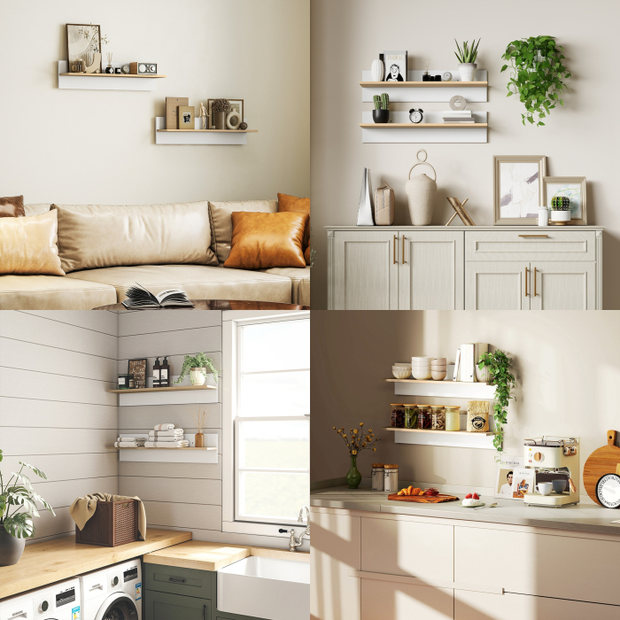  Set 2 Rafturi de Perete pentru Casa si Birou, Rafturi din Lemn pentru Bucatarie si Living, 80x16.5x20 cm, Alb si Lemn Natural [6]