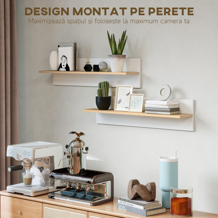  Set 2 Rafturi de Perete pentru Casa si Birou, Rafturi din Lemn pentru Bucatarie si Living, 80x16.5x20 cm, Alb si Lemn Natural [5]