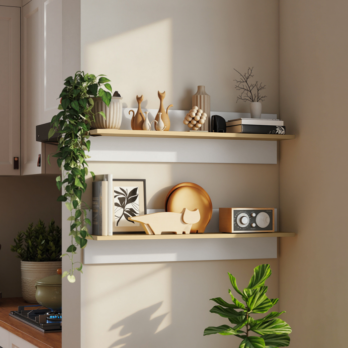  Set 2 Rafturi de Perete pentru Casa si Birou, Rafturi din Lemn pentru Bucatarie si Living, 80x16.5x20 cm, Alb si Lemn Natural [2]