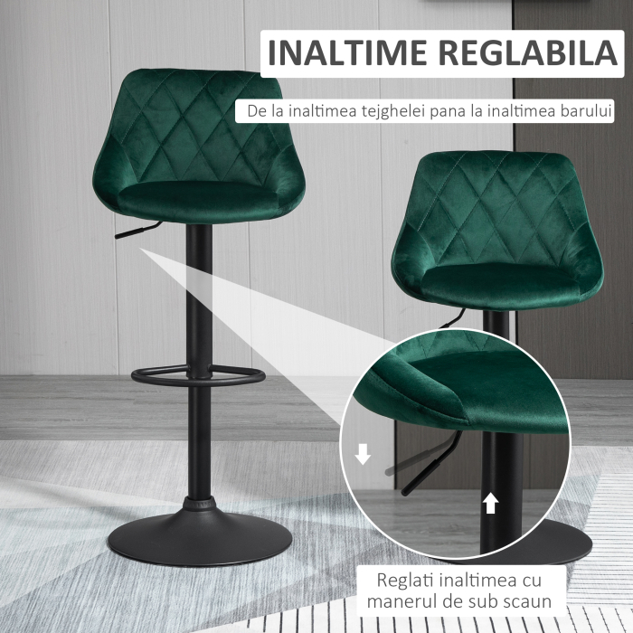  Set 2 Scaune Bar - Catifea Verde, Pivotante & Reglabile [4]
