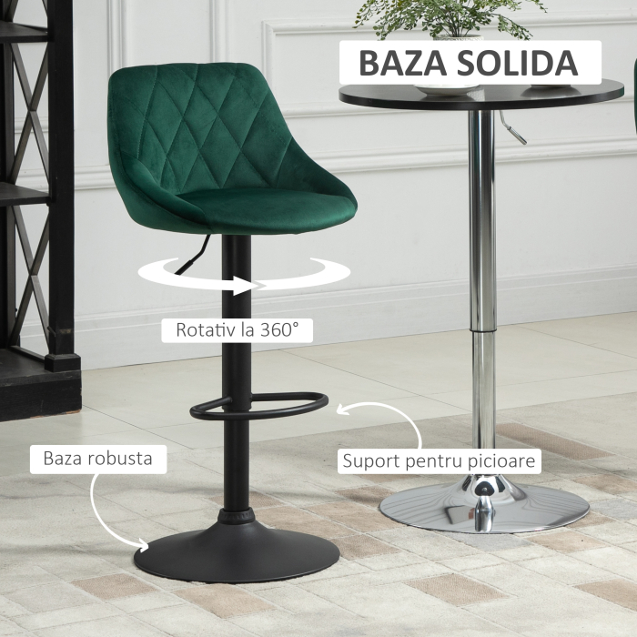  Set 2 Scaune Bar - Catifea Verde, Pivotante & Reglabile [5]