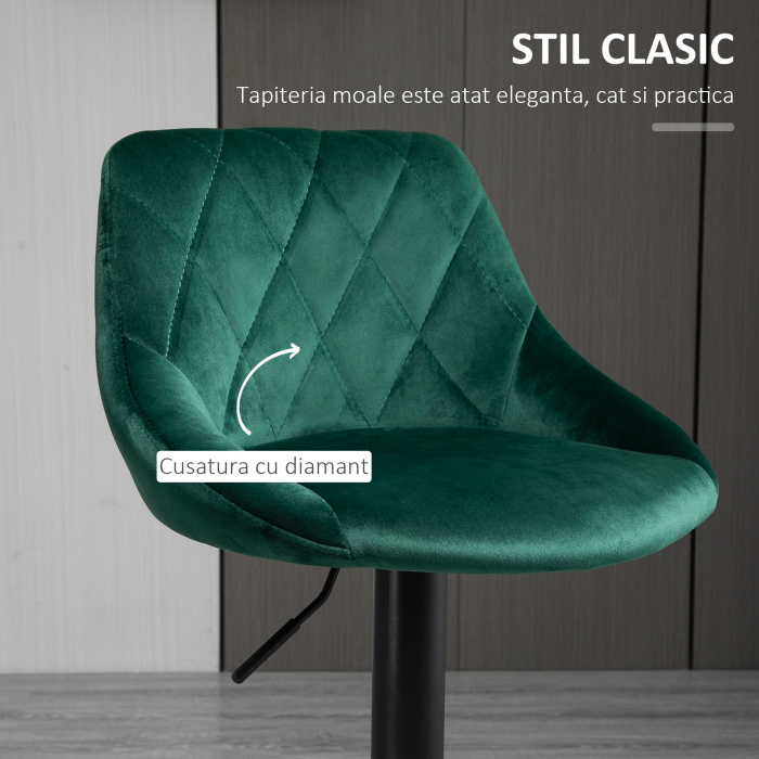  Set 2 Scaune Bar - Catifea Verde, Pivotante & Reglabile [6]