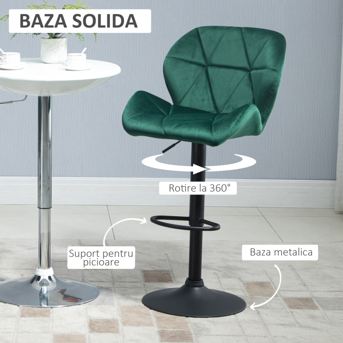  Set 2 Scaune Bar - Catifea Verde, Rotative & Reglabile [5]