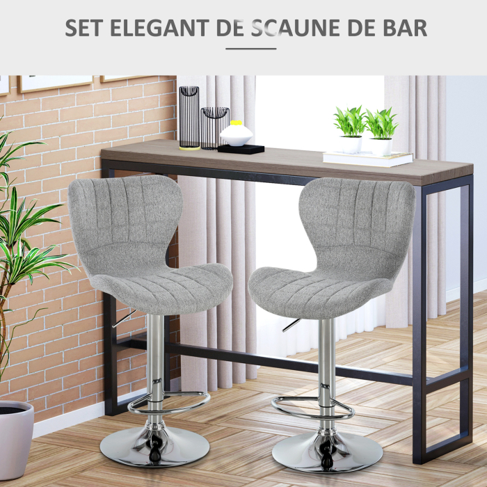  Set 2 Scaune Bar Gri - Reglabile, Cu Spatar & Suport Picioare [4]