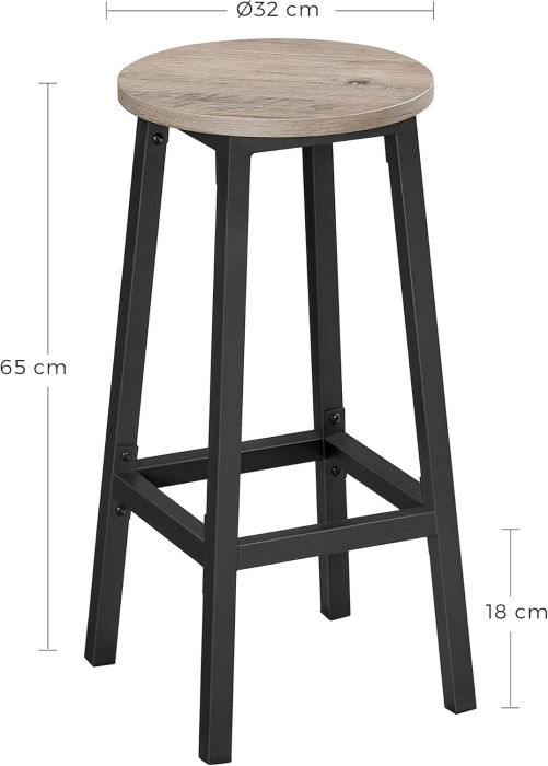 Set 2 scaune bar inalte, sezut rotund, cadru din otel, inaltime 65 cm, stil industrial, gri [3]