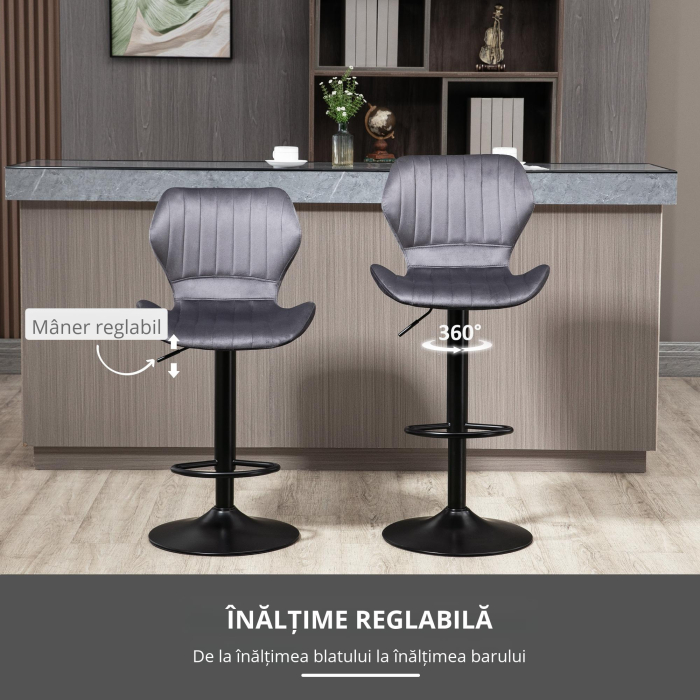  Set 2 Scaune Bar - Negru Catifea, Reglabile & Cu Spatar [5]