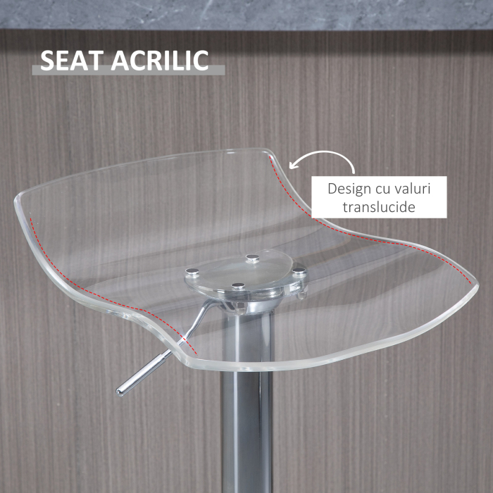  Set 2 Scaune de Bar cu inaltime Reglabila, sezut Rotativ si Suport pentru Picioare, 39x39x67-87 cm, Transparent [4]