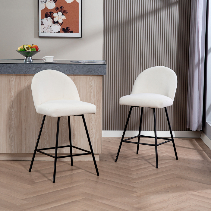  Set 2 Scaune de Bar cu Spatar din Catifea si Suport pentru Picioare, 48.5x56x92 cm, Alb Crem [2]
