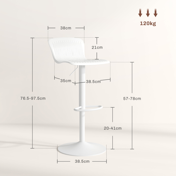  Set 2 Scaune de Bar cu Spatar Ergonomic,  Suport pentru Picioare si sezut Rotativ, 38,5x40x76,5-97,5 cm, Alb [3]