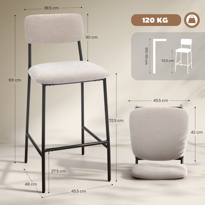  Set 2 Scaune de Bar cu Spatar inalt, Suport pentru Picioare si Tapiterie din Chenille, Crem [3]