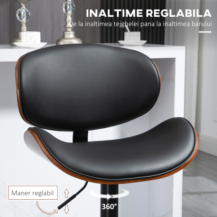  Set 2 Scaune de Bar cu Spatar Reglabile pe inaltime, Lemn si Piele Ecologica, 53x52x92-112 cm, Negru [5]