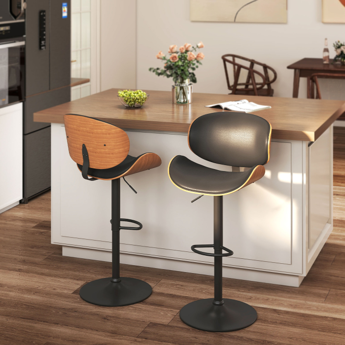  Set 2 Scaune de Bar cu Spatar Reglabile pe inaltime, Lemn si Piele Ecologica, 53x52x92-112 cm, Negru [2]