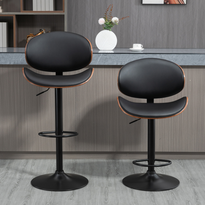  Set 2 Scaune de Bar cu Spatar Reglabile pe inaltime, Lemn si Piele Ecologica, 53x52x92-112 cm, Negru [8]