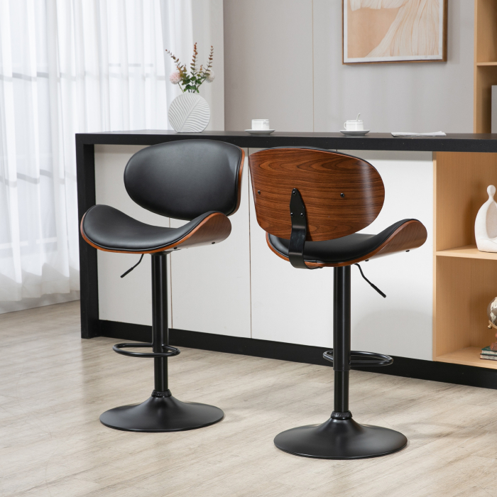  Set 2 Scaune de Bar cu Spatar Reglabile pe inaltime, Lemn si Piele Ecologica, 53x52x92-112 cm, Negru [9]