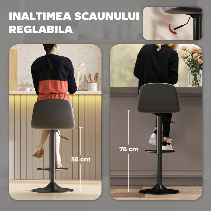  Set 2 Scaune de Bar cu Spatar si inaltime Reglabila din Piele PU Neagra [4]