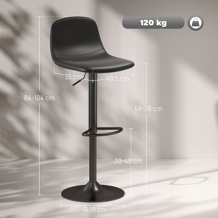 Set 2 Scaune de Bar cu Spatar si inaltime Reglabila din Piele PU Neagra [3]