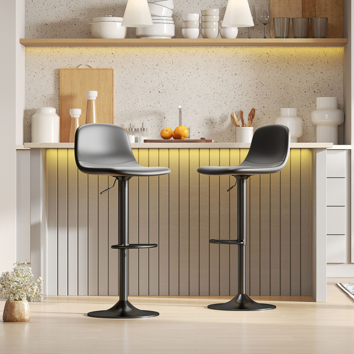  Set 2 Scaune de Bar cu Spatar si inaltime Reglabila din Piele PU Neagra [2]