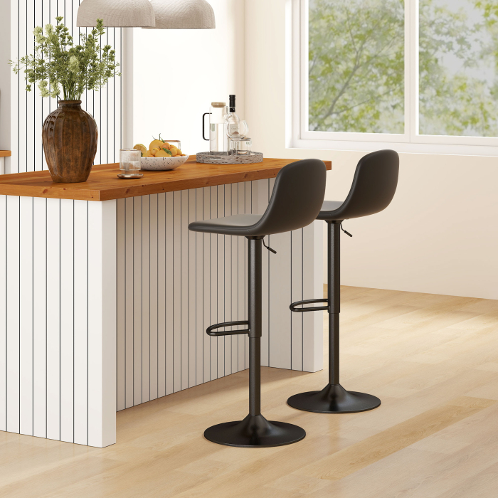  Set 2 Scaune de Bar cu Spatar si inaltime Reglabila din Piele PU Neagra [9]