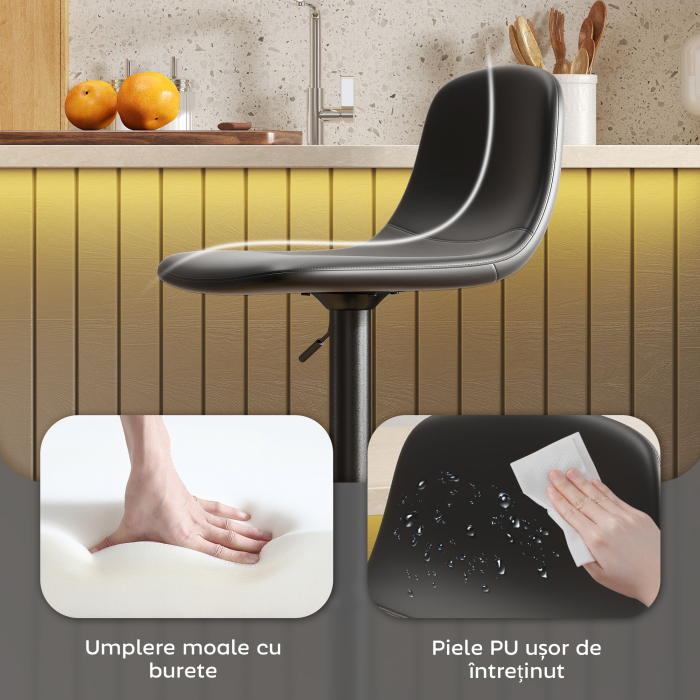  Set 2 Scaune de Bar cu Spatar si inaltime Reglabila din Piele PU Neagra [6]