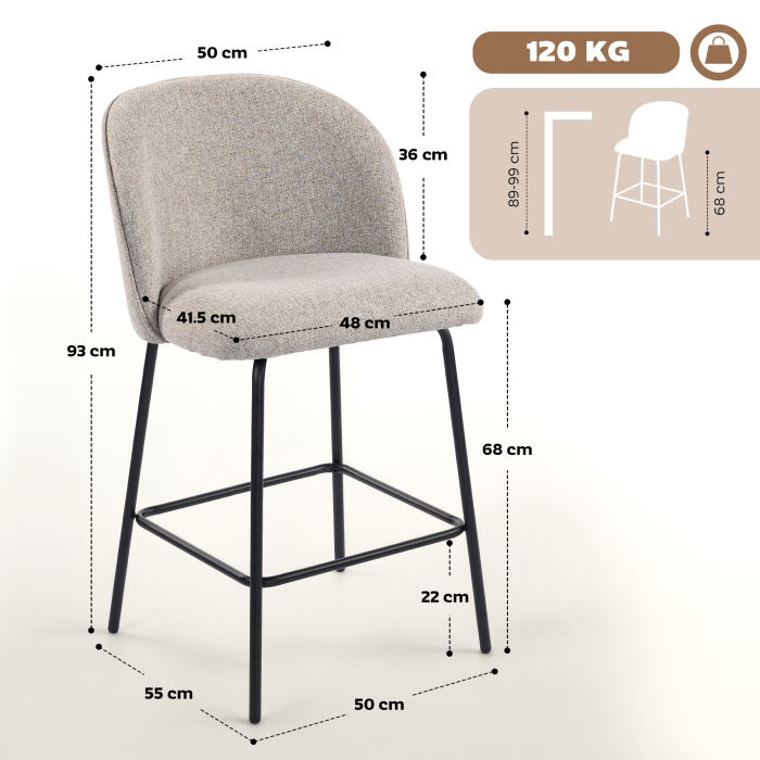  Set 2 Scaune de Bar cu Spatar si Suport pentru Picioare, Acoperire din Material Textil si Picioare din Otel, Gri [3]