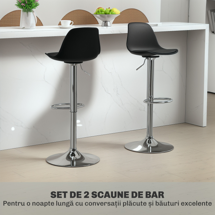  Set 2 Scaune de Bar cu Spatar si Suport pentru Picioare, din PP, Piele PU si Otel, 38x42x82-104 cm, Negru [4]