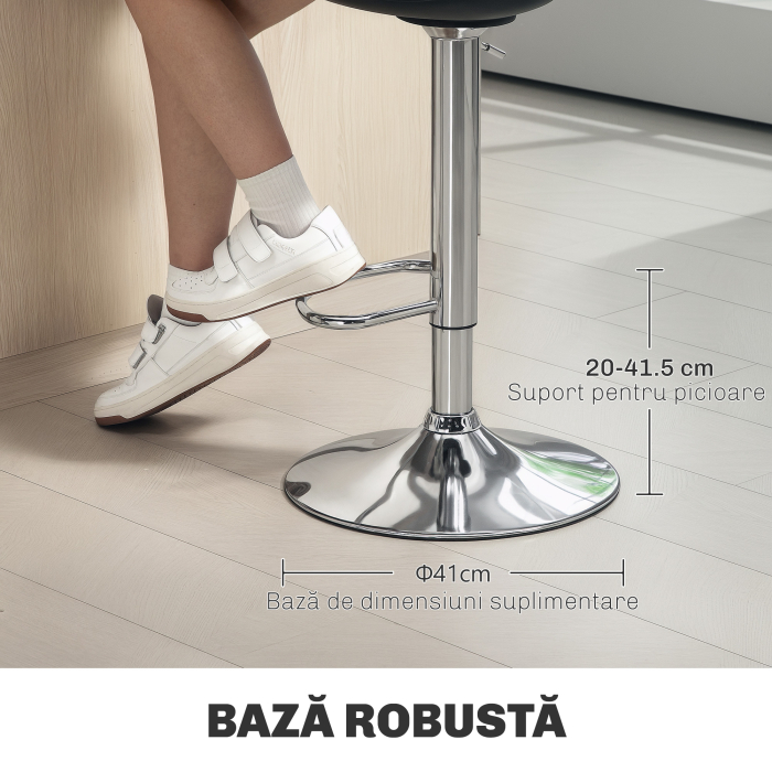  Set 2 Scaune de Bar cu Spatar si Suport pentru Picioare, din PP, Piele PU si Otel, 38x42x82-104 cm, Negru [7]