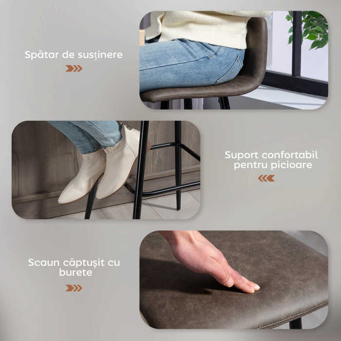  Set 2 Scaune de Bar cu Spatar si Suport pentru Picioare din PU si Otel Maro [5]