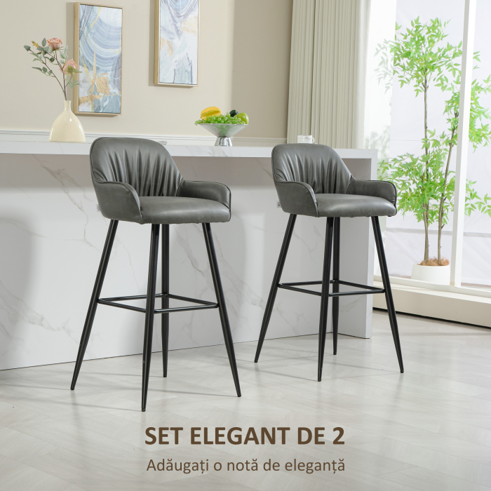  Set 2 Scaune de Bar din Piele Ecologica PU, Scaune inalte cu Suport pentru Picioare, 52x53x99 cm, Gri inchis [4]