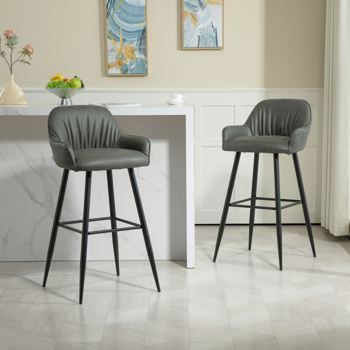  Set 2 Scaune de Bar din Piele Ecologica PU, Scaune inalte cu Suport pentru Picioare, 52x53x99 cm, Gri inchis [2]