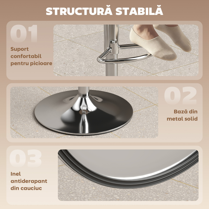  Set 2 Scaune de Bar Moderne si Reglabile, din Piele PU, Spuma si Metal, 38.5x38.5x62-84 cm, Negru [7]