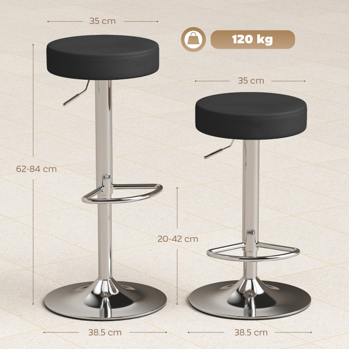  Set 2 Scaune de Bar Moderne si Reglabile, din Piele PU, Spuma si Metal, 38.5x38.5x62-84 cm, Negru [3]