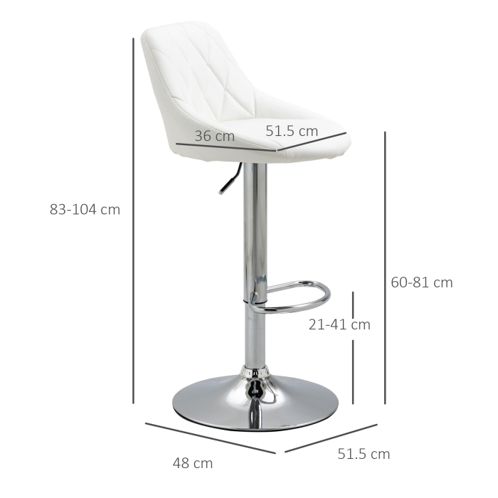  Set 2 Scaune de Bar Pivotante si Reglabile pentru bucatarii si baruri, din Piele Ecologica, cu Cusaturi Diamant, 51.5x48x83-104cm, Alba [3]