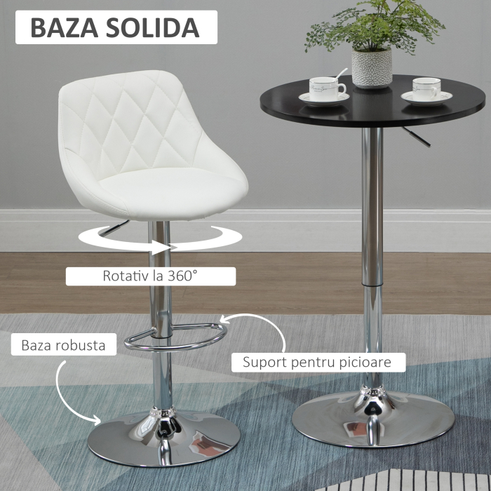  Set 2 Scaune de Bar Pivotante si Reglabile pentru bucatarii si baruri, din Piele Ecologica, cu Cusaturi Diamant, 51.5x48x83-104cm, Alba [5]