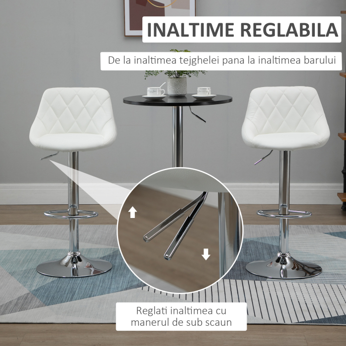  Set 2 Scaune de Bar Pivotante si Reglabile pentru bucatarii si baruri, din Piele Ecologica, cu Cusaturi Diamant, 51.5x48x83-104cm, Alba [4]