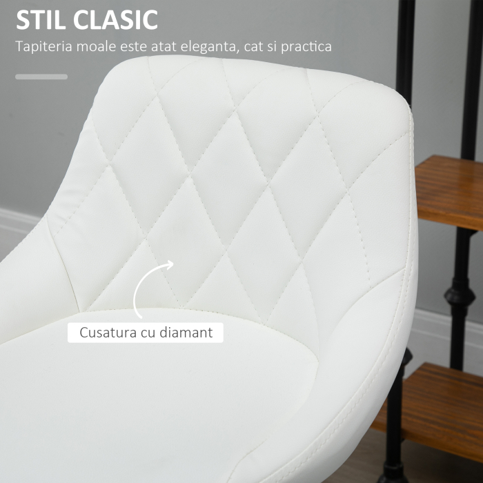  Set 2 Scaune de Bar Pivotante si Reglabile pentru bucatarii si baruri, din Piele Ecologica, cu Cusaturi Diamant, 51.5x48x83-104cm, Alba [6]