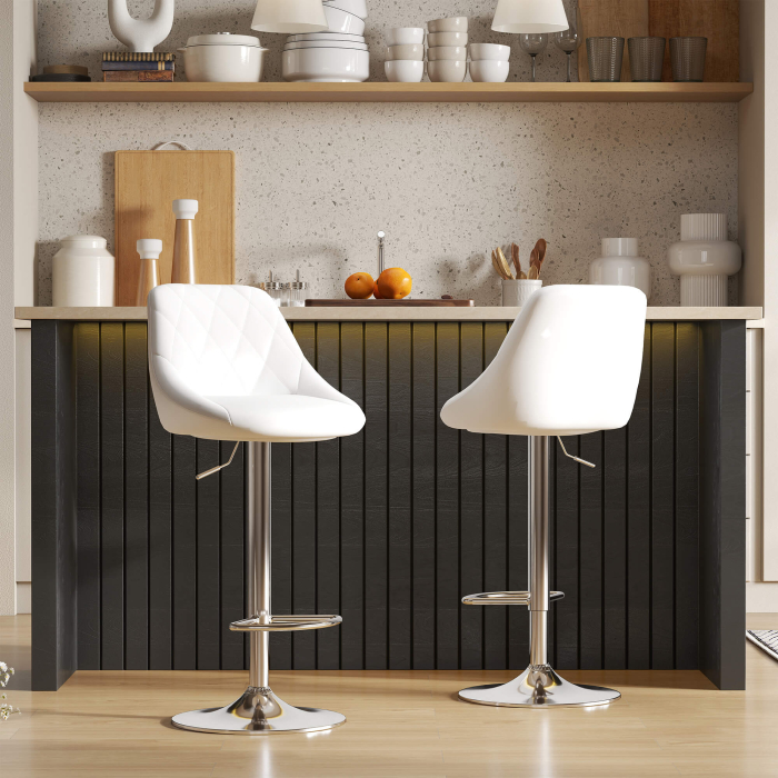  Set 2 Scaune de Bar Pivotante si Reglabile pentru bucatarii si baruri, din Piele Ecologica, cu Cusaturi Diamant, 51.5x48x83-104cm, Alba [2]