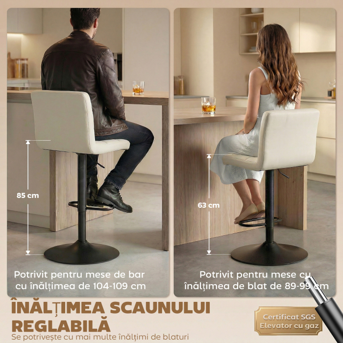  Set 2 Scaune de Bar Reglabile cu Suport pentru Picioare, din Piele PU si Otel, 39,5x44x88-110 cm, Crem [5]