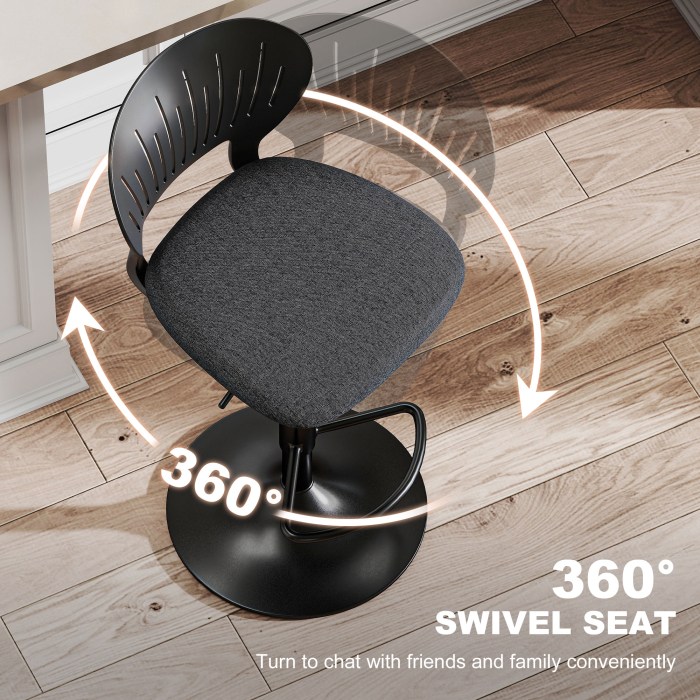  Set 2 Scaune de Bar Reglabile, Scaune de Bucatarie inalte din Material Textil cu Efect de In cu Spatar, Suport pentru Picioare si sezut Moale, Cadru Metalic, Scaune Rotative la 360°, Negru [5]