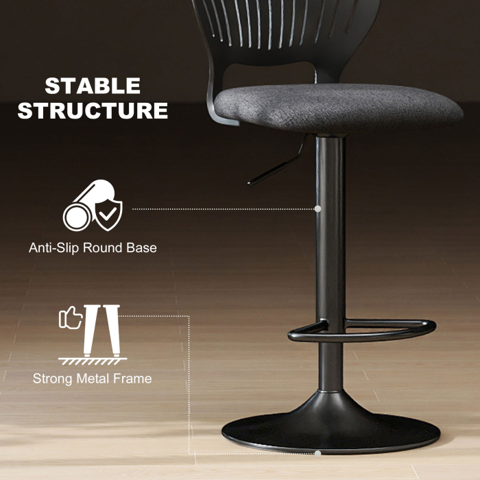  Set 2 Scaune de Bar Reglabile, Scaune de Bucatarie inalte din Material Textil cu Efect de In cu Spatar, Suport pentru Picioare si sezut Moale, Cadru Metalic, Scaune Rotative la 360°, Negru [7]