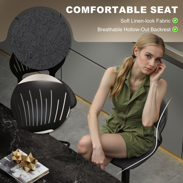  Set 2 Scaune de Bar Reglabile, Scaune de Bucatarie inalte din Material Textil cu Efect de In cu Spatar, Suport pentru Picioare si sezut Moale, Cadru Metalic, Scaune Rotative la 360°, Negru [4]
